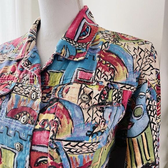 Chico's Colorful Abstract Faces Wearable Art Denim Jacket - Size 1 (Medium Sz 8) - Picture 6 of 9